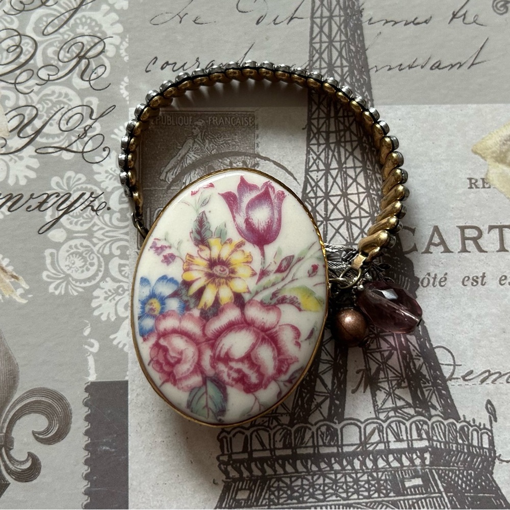 VINTAGE HAND PAINTED BROOCH & WATCH BAND repurposed into BRACELET